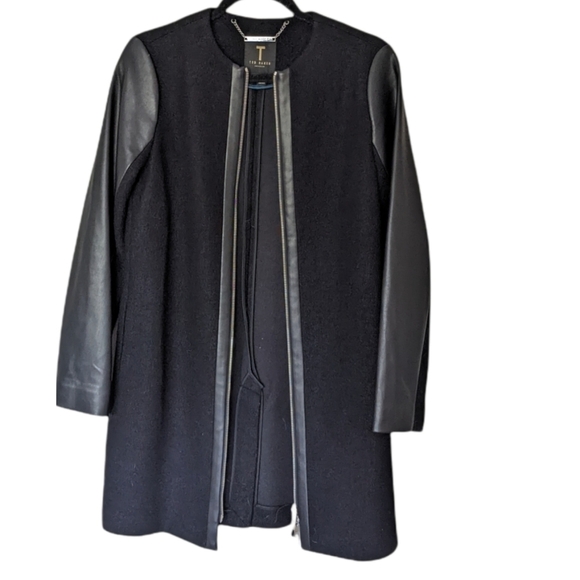 TED BAKER Vipper Black Faux Leather Sleeve Wool Zipper Coat Jacket - Picture 5 of 10